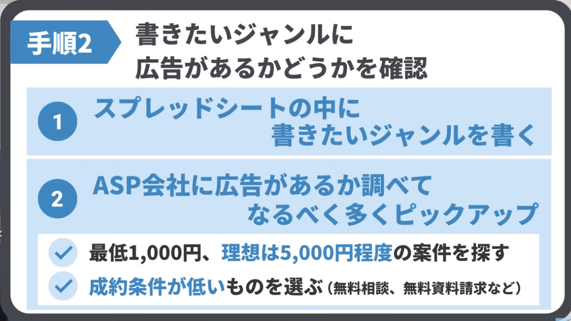 書きたいジャンルを書き出したら、書きたいジャンルに広告があるかどうかを確認しましょう。