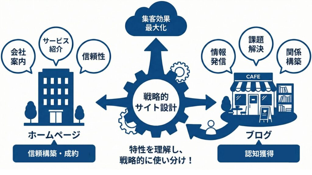 ホームページとオウンドメディアを使い分けるイメージ
