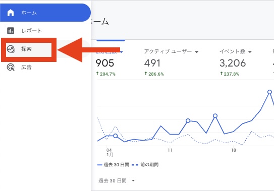 GA4の探索レポートを開く