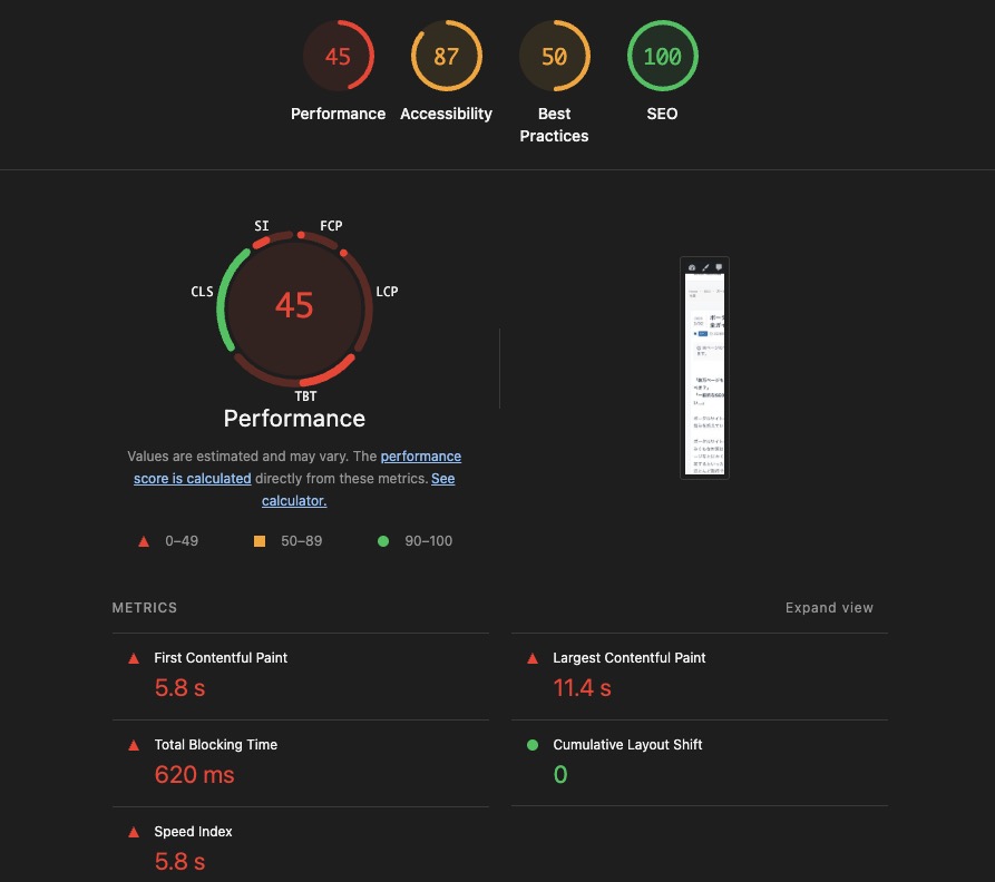 デベロッパーツールのLighthouseの表示例