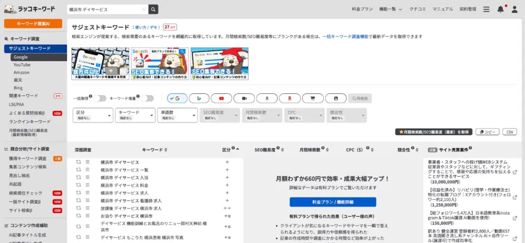 ラッコツールで関連キーワードを調査する