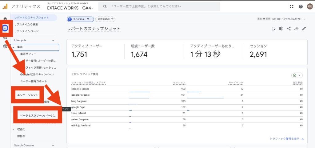 Google アナリティクスのページとスクリーンを開く