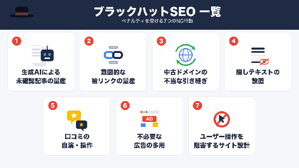 ブラックハットSEO一覧|ペナルティを受ける7つのNG行動の図解