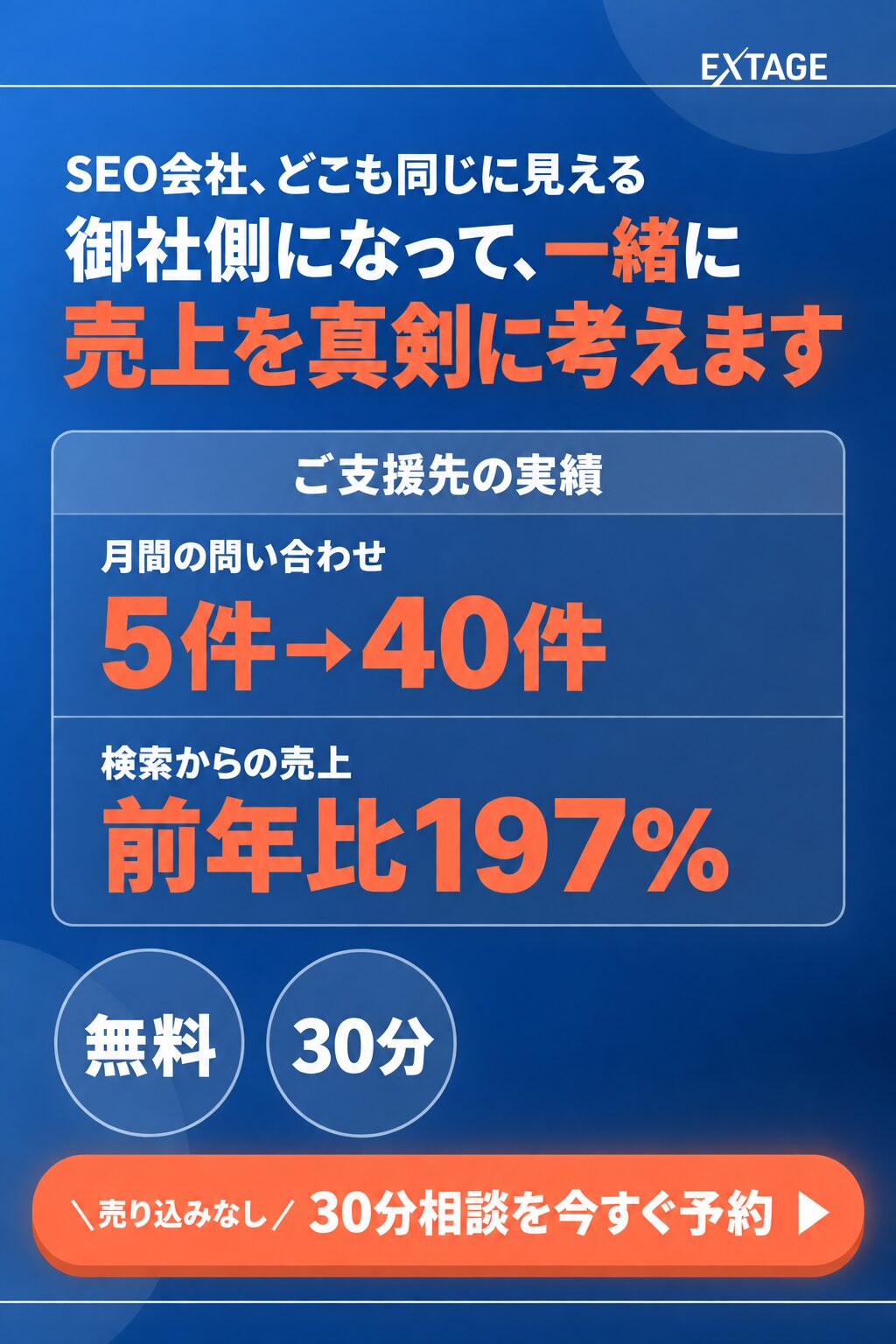 SEO対策のお悩みを一緒に真剣に考える無料相談のサイドバナー。問い合わせは月5件から40件、検索からの売上は前年比197%